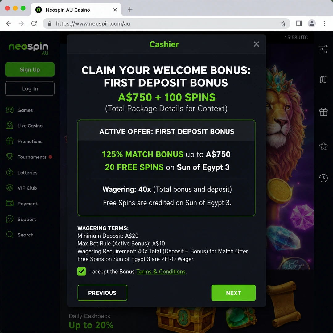 Neospin cashier showing the first-deposit 125 percent match up to A$1,500 with 20 zero-wager free spins on Dragon Pearls, 40x wagering terms at the bottom.