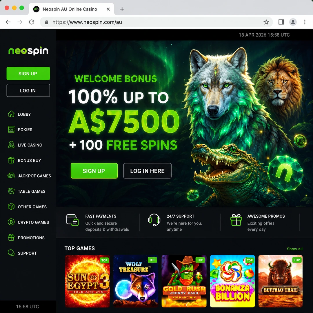 Neospin Casino homepage open in Chrome on 18 June 2026, showing the five-deposit welcome banner and main navigation.