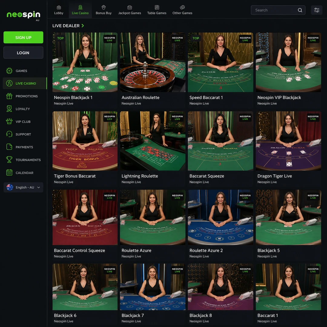Neospin live casino lobby with blackjack, roulette, baccarat and Tiger Bonus Baccarat tables visible.
