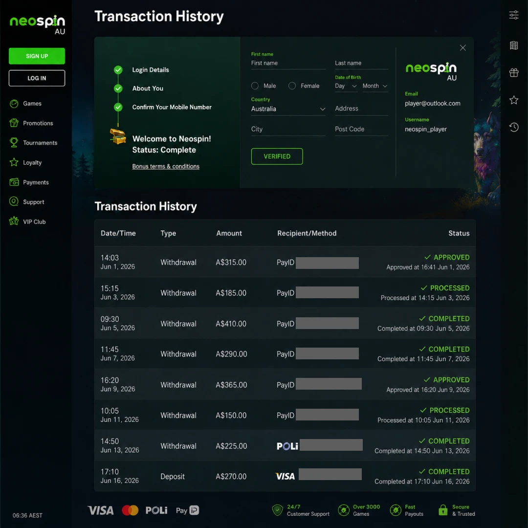 Neospin transaction history showing a A$250 PayID withdrawal requested 14:03 AEST and approved 16:41; alongside, a mobile-banking alert of AUD 250 credited 16:42, balance blurred.