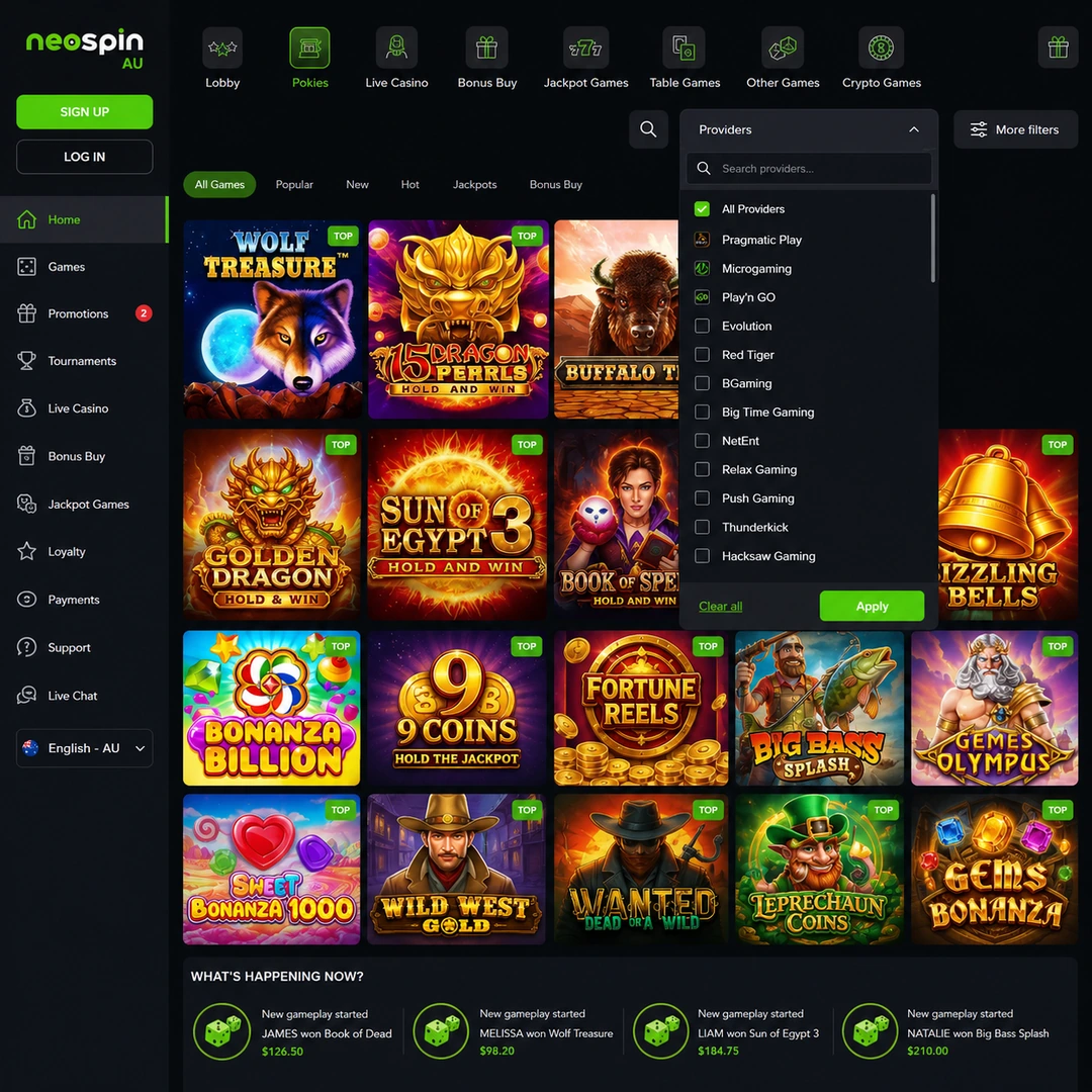 Neospin pokies lobby with the provider filter open.