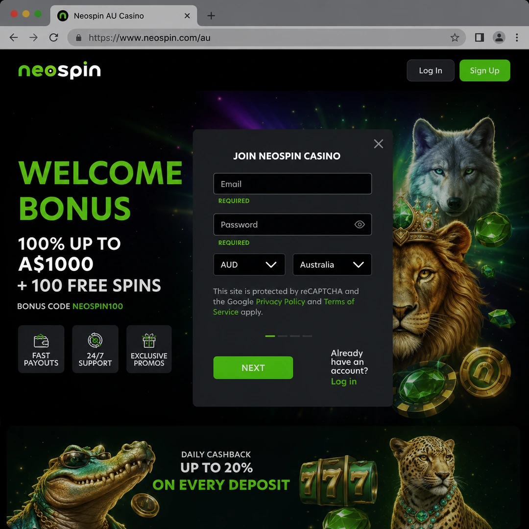Neospin sign-up form with AUD as base currency and the 18+ age confirmation checkbox; personal data fields redacted.